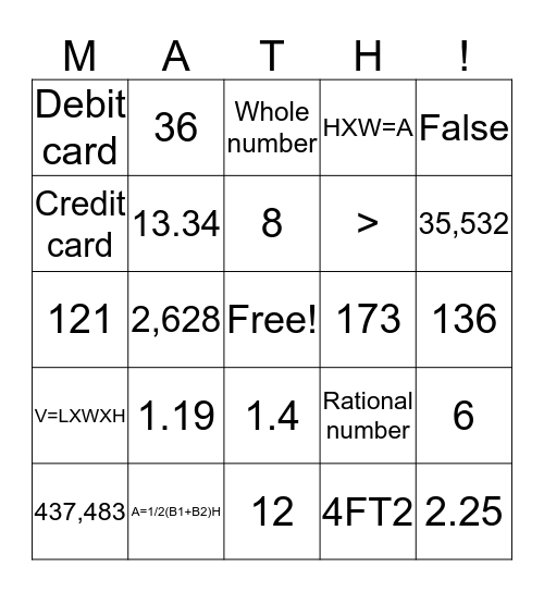 MATH BINGO Card