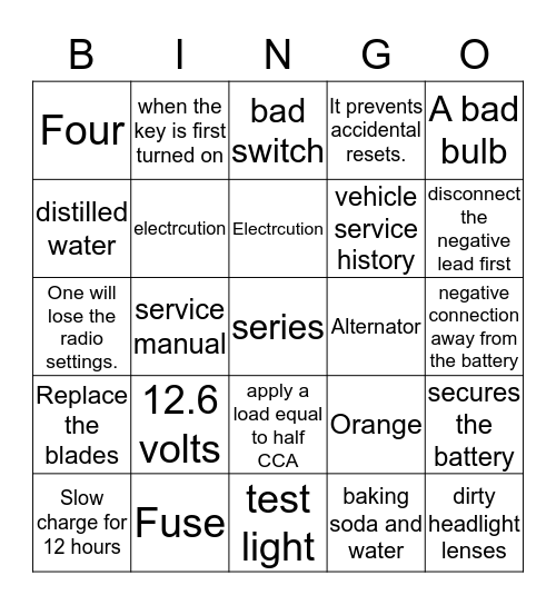 Electrical Bingo Card