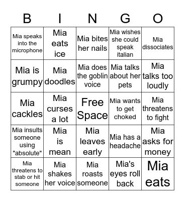 Mia Bingo Card
