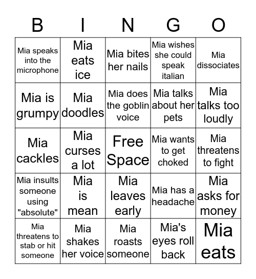 Mia Bingo Card