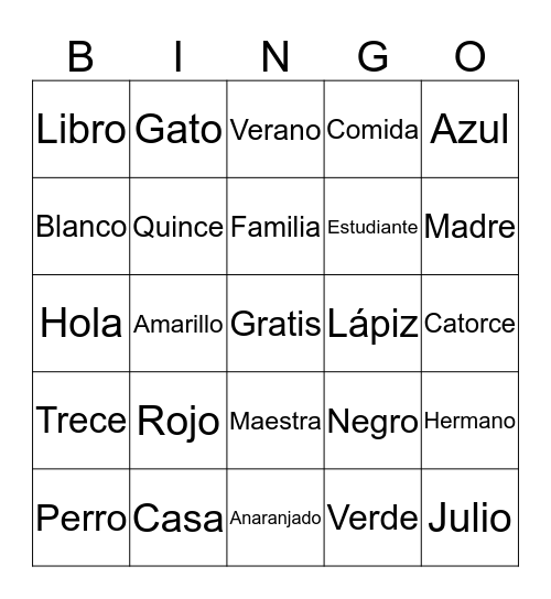 Spanish Club  Bingo Card