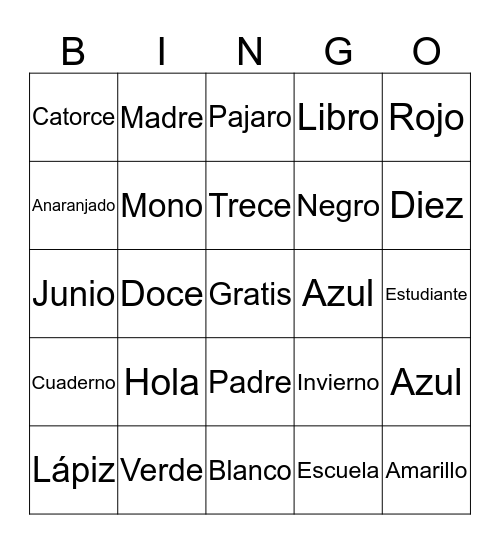 Spanish Club  Bingo Card