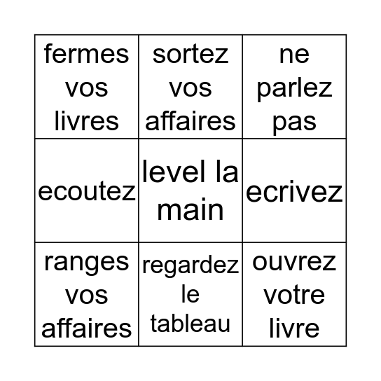 French Instructions Bingo Card