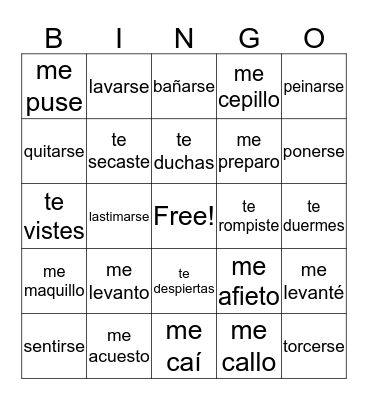 Reflexive Verbs Bingo Card