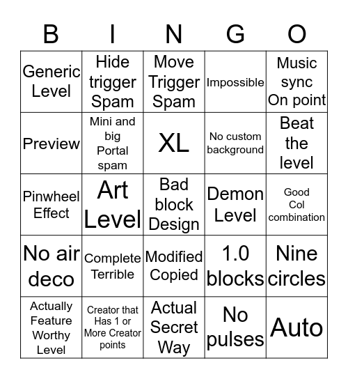 Magic Level GD Bingo Card