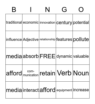 Vocabulary Bingo Card