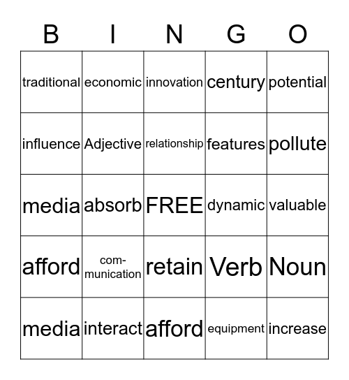 Vocabulary Bingo Card