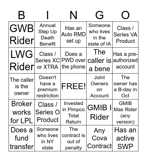 MetLife Variable Bingo Card