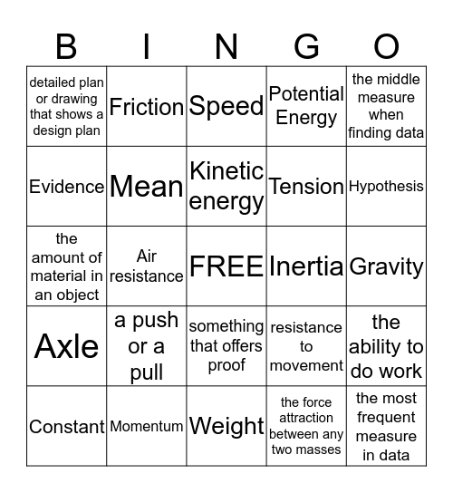 Motion and Design Vocabulary Words Bingo Card