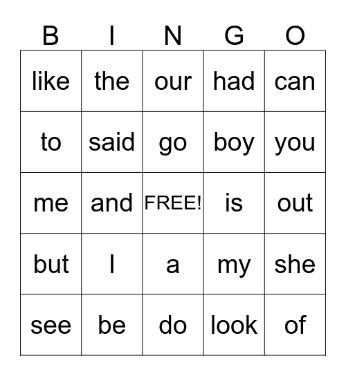 Sight Words Bingo Card