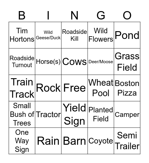 Sask. Driving Bingo Card