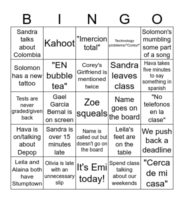 Cinco Honores Bingo Card