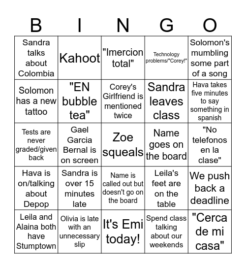 Cinco Honores Bingo Card