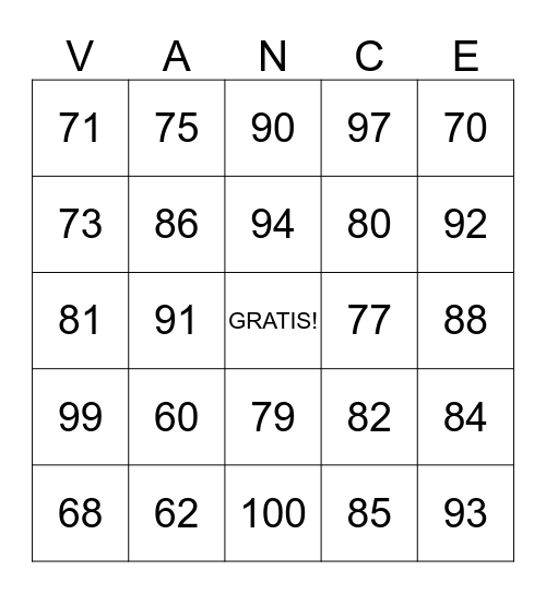 ESPANOL - NUMEROS 60 - 100 Bingo Card