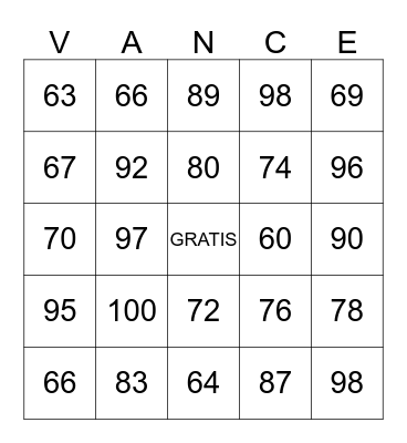 ESPANOL - NUMEROS 60 -100 Bingo Card