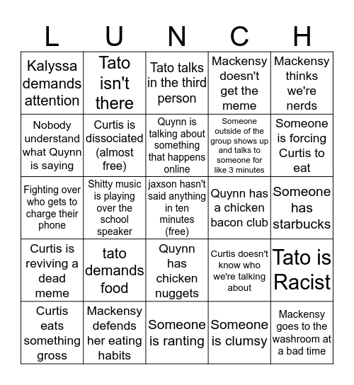 Lunchy boyes Bingo Card