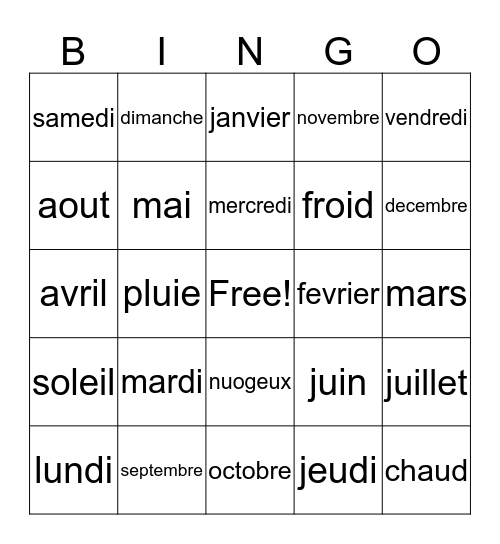 french bingo Card