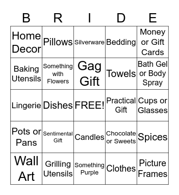 Bridal Shower Gift Bingo Card