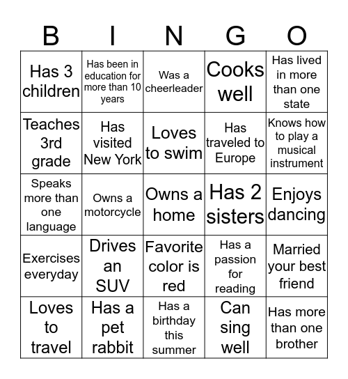 Getting to Know You Bingo Card