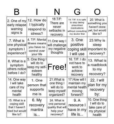 Recovery BINGO Card