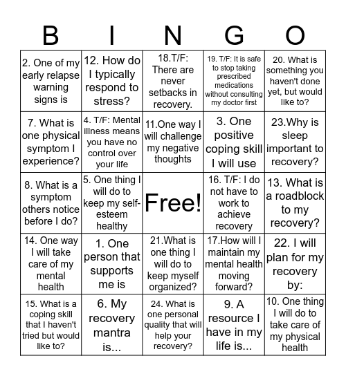 Recovery BINGO Card