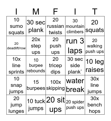 fitness  bingo Card