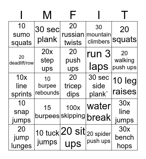 fitness  bingo Card