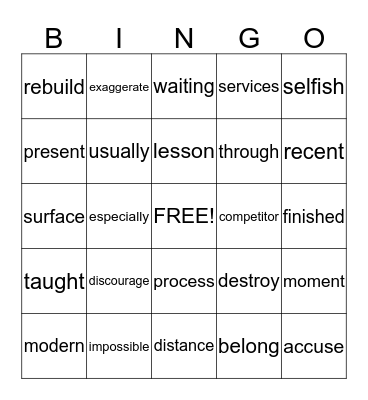 Vocabulary Bingo Card