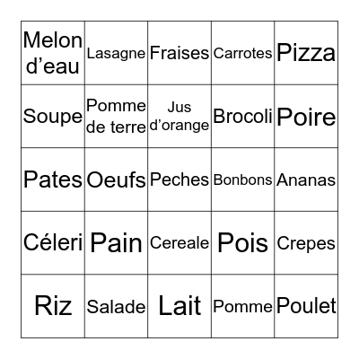 La Nourriture Bingo Card