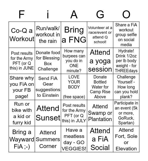 FiA Summer Challenge! Bingo Card