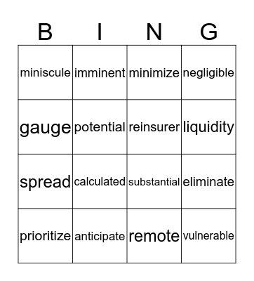 Risk Vocabulary Bingo Card