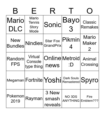 Nintendo E3 Bingo Card