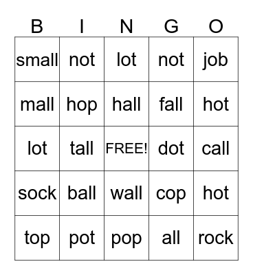 Short o and -all Bingo Card
