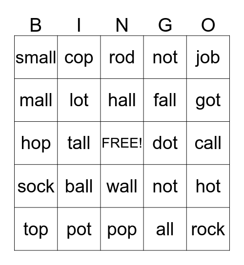 Short o and -all Bingo Card