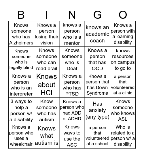 dis-ABILITY Awareness Week Bingo Card