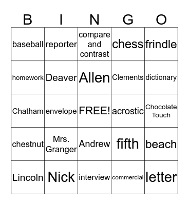 Frindle Bingo Card