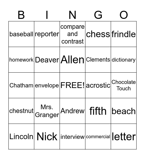 Frindle Bingo Card