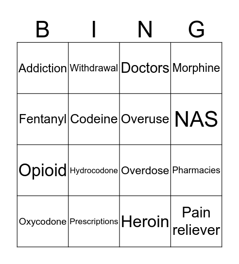 Opioids Bingo Card