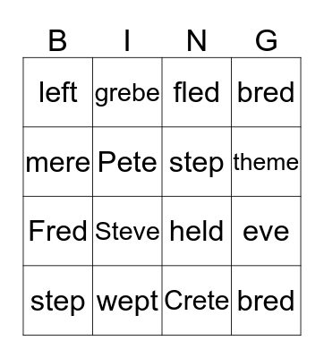 short e, long e bingo Card