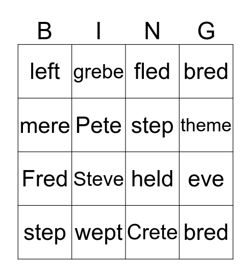 short e, long e bingo Card