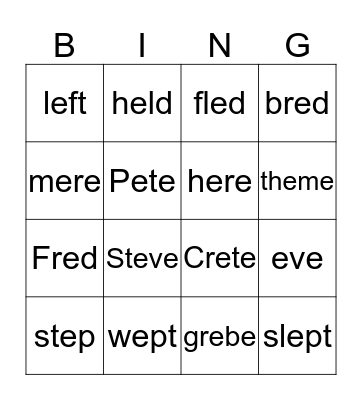 short e, long e Bingo Card