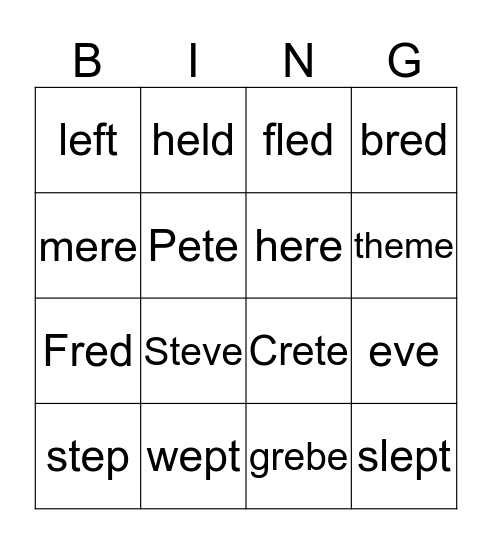 short e, long e Bingo Card