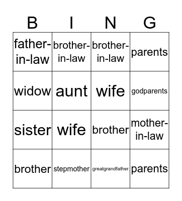 Family Members Bingo Card