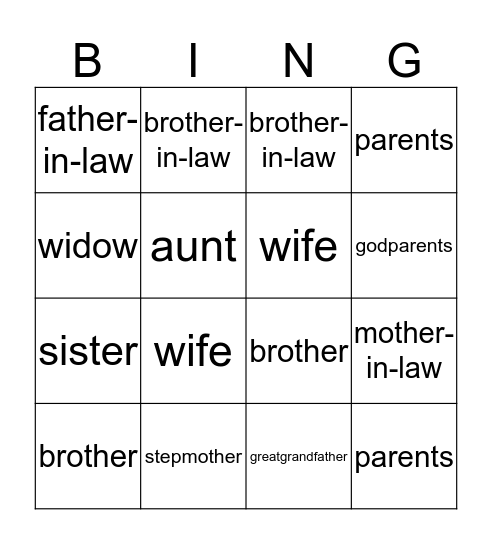 Family Members Bingo Card