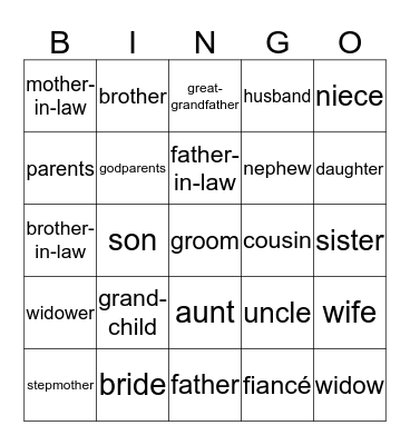 Family Members Bingo Card