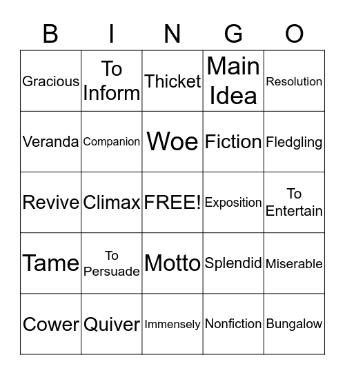 Vocabulary Bingo Card