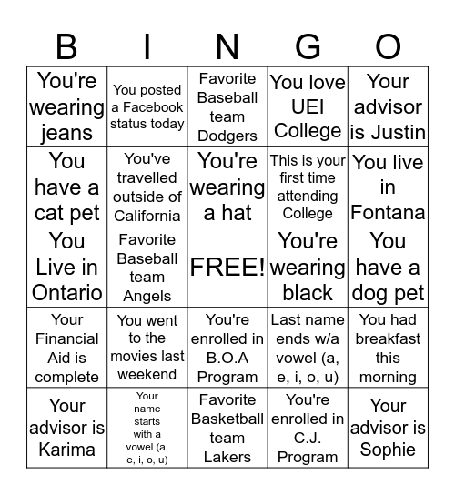 UEI  College Bingo Card