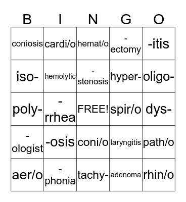 Medical Terminology Bingo Card