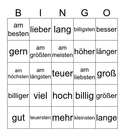 Komperative und Superlative Bingo Card