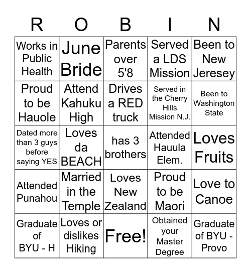 ROBIN'S BRIDAL SHOWER Bingo Card